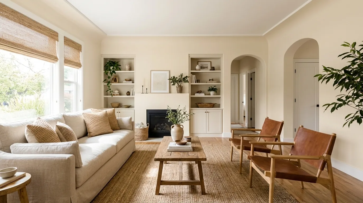 Neutral Ground Sherwin-Williams in a warm living room with wood floors, leather chairs, and natural light