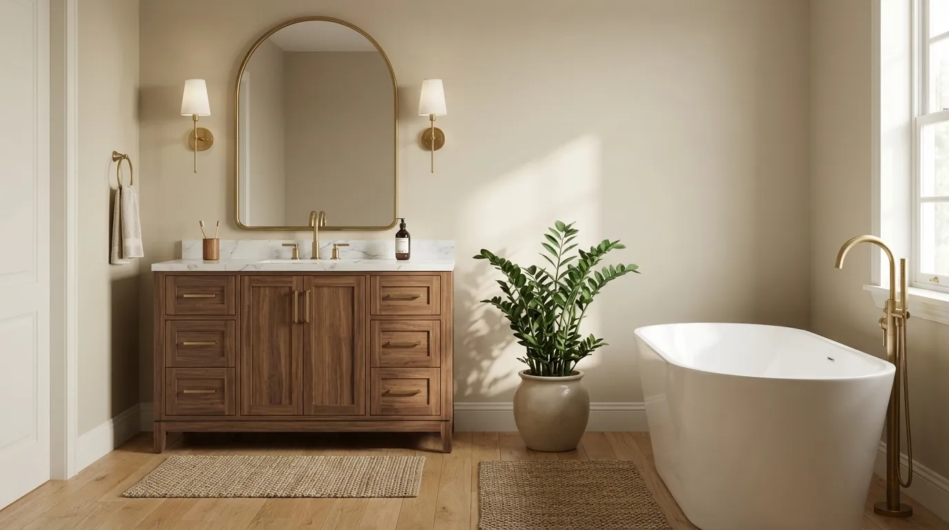 Neutral Ground SW 7568 bathroom with brass fixtures and walnut vanity