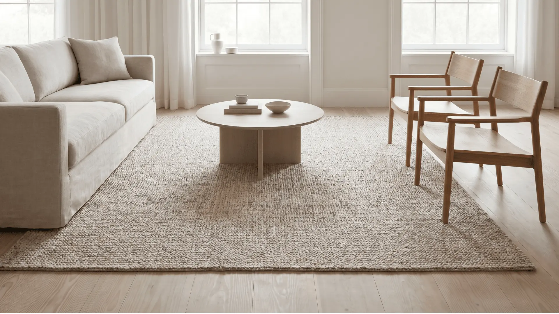 Neutral rug placed under sofa in a living room