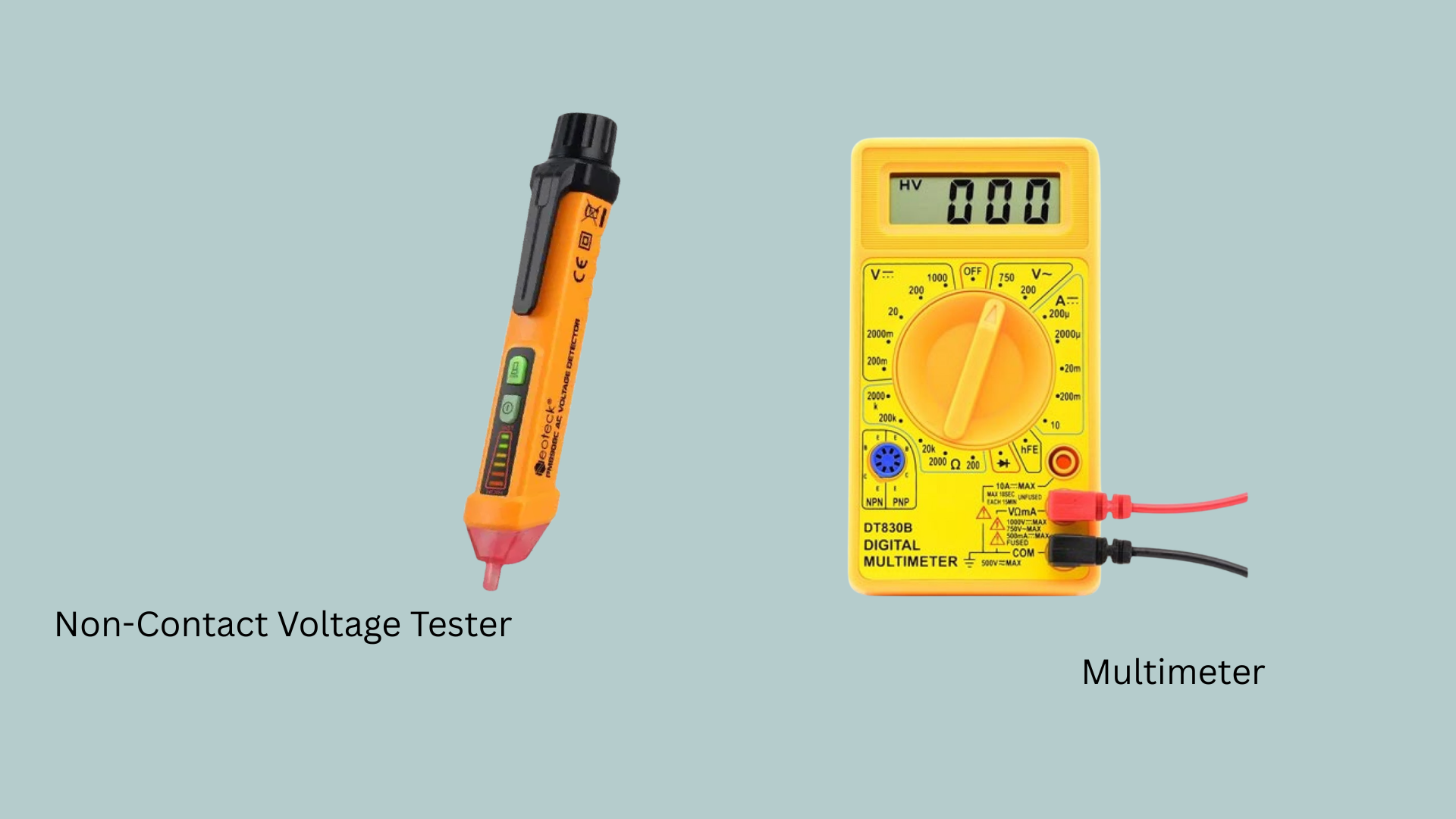 _Non-contact voltage tester and digital multimeter placed side by side on a gray background