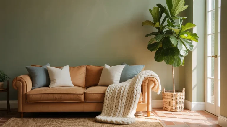 October Mist green walls with camel sofa, dusty blue pillows, and indoor fig tree.