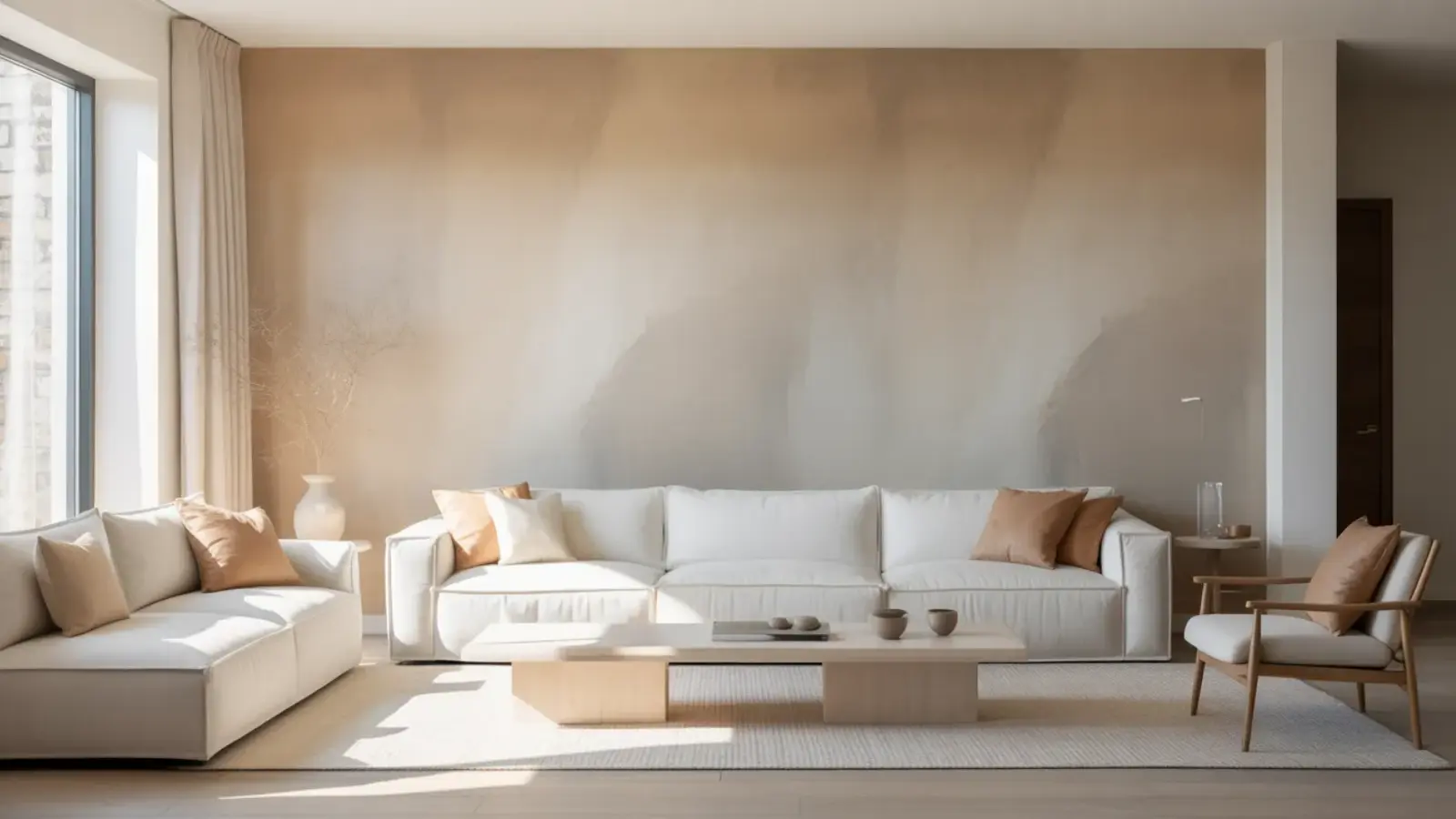 oft neutral accent wall in a room with furniture and light color tones