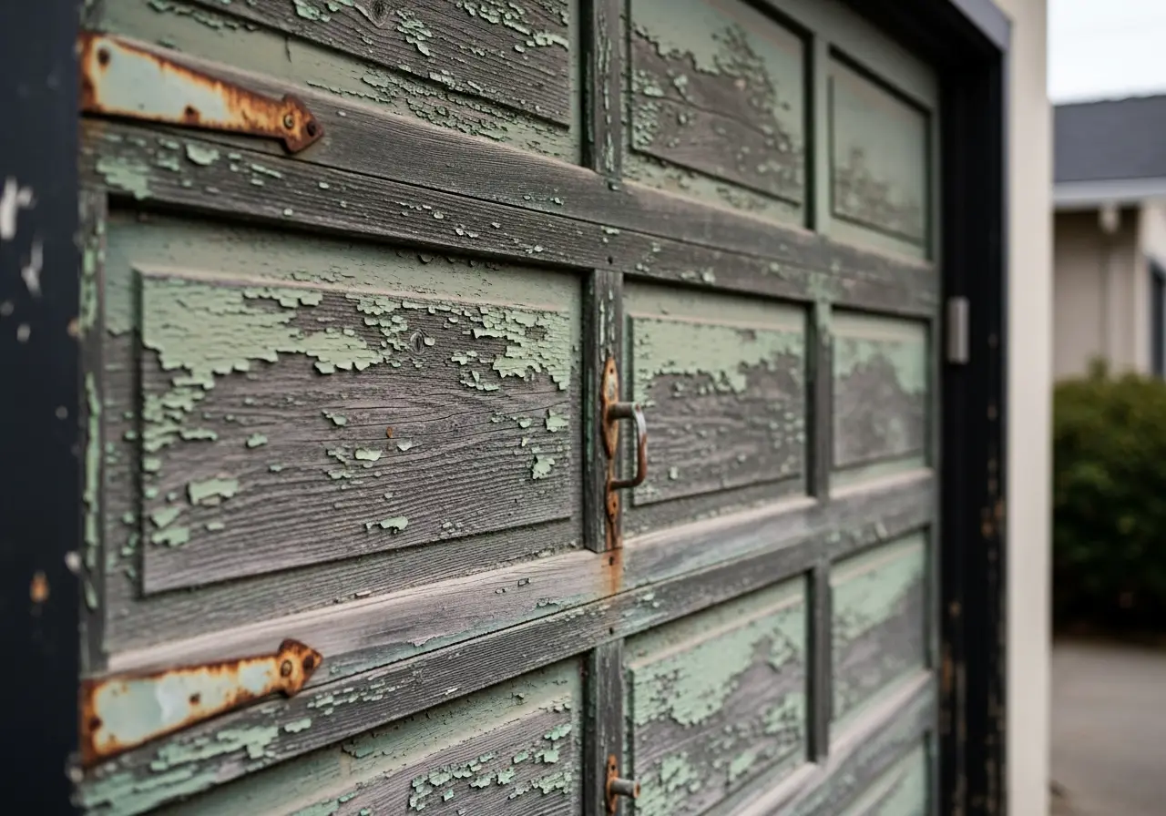 Close-up of weathered wooden garage door with peeling green paint and rusty hinges