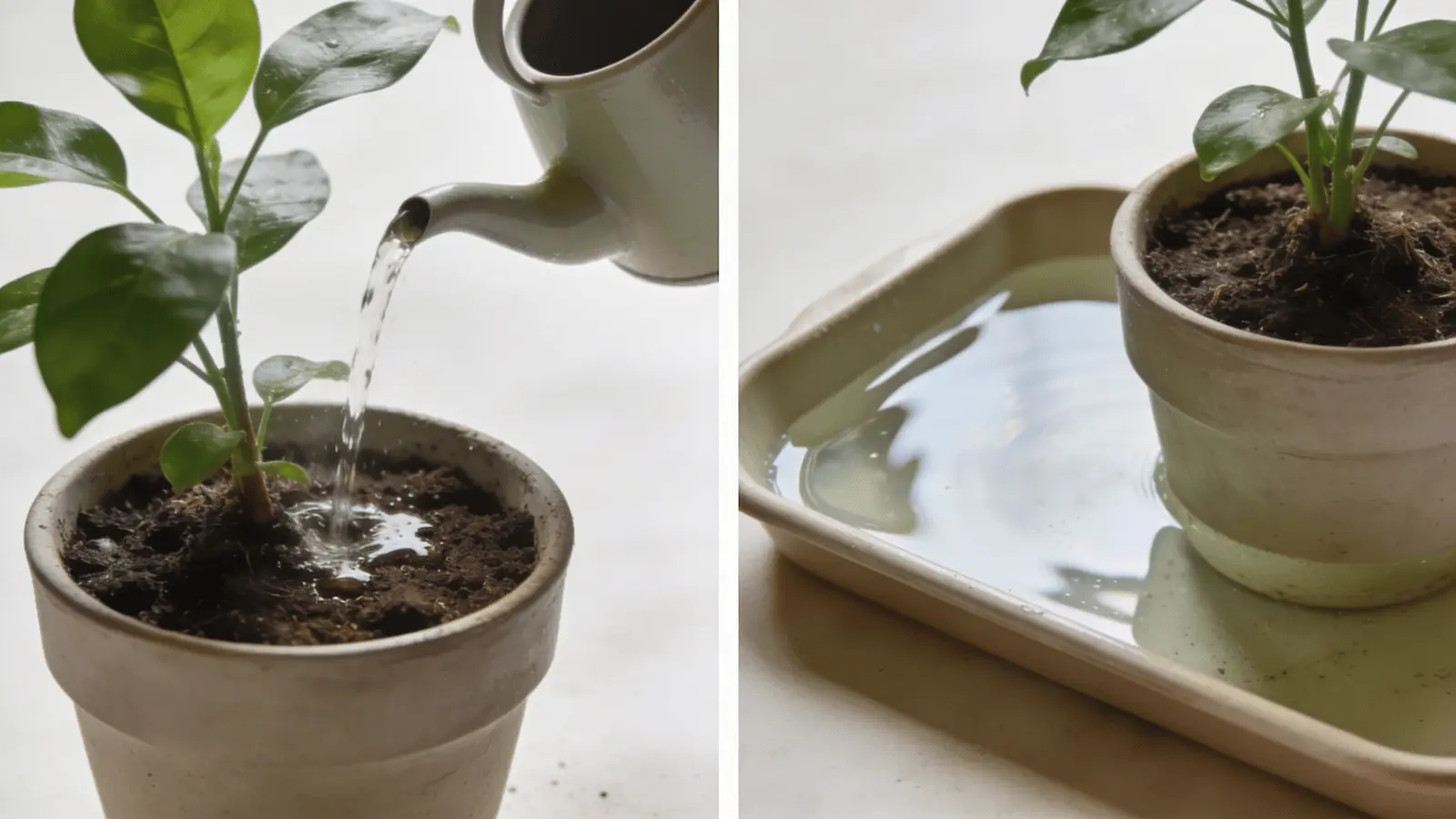 One plant being watered from above and another sitting in a tray for bottom watering