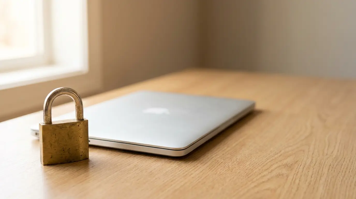 Closed laptop and brass padlock on wooden desk in natural daylight