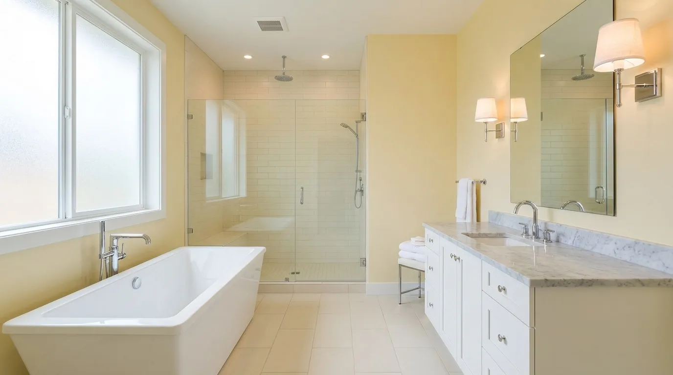 Open bathroom with glass shower, white freestanding tub, marble vanity, and soft natural lighting
