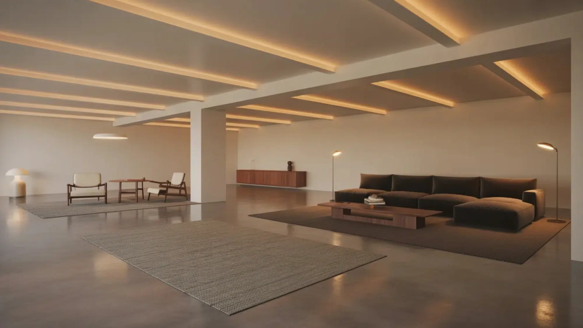Open concept basement layout with modern furniture and defined zones