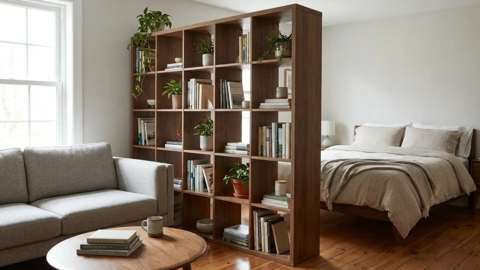 Open double-sided bookshelf dividing a small room with a bed on one side and a sofa on the other.