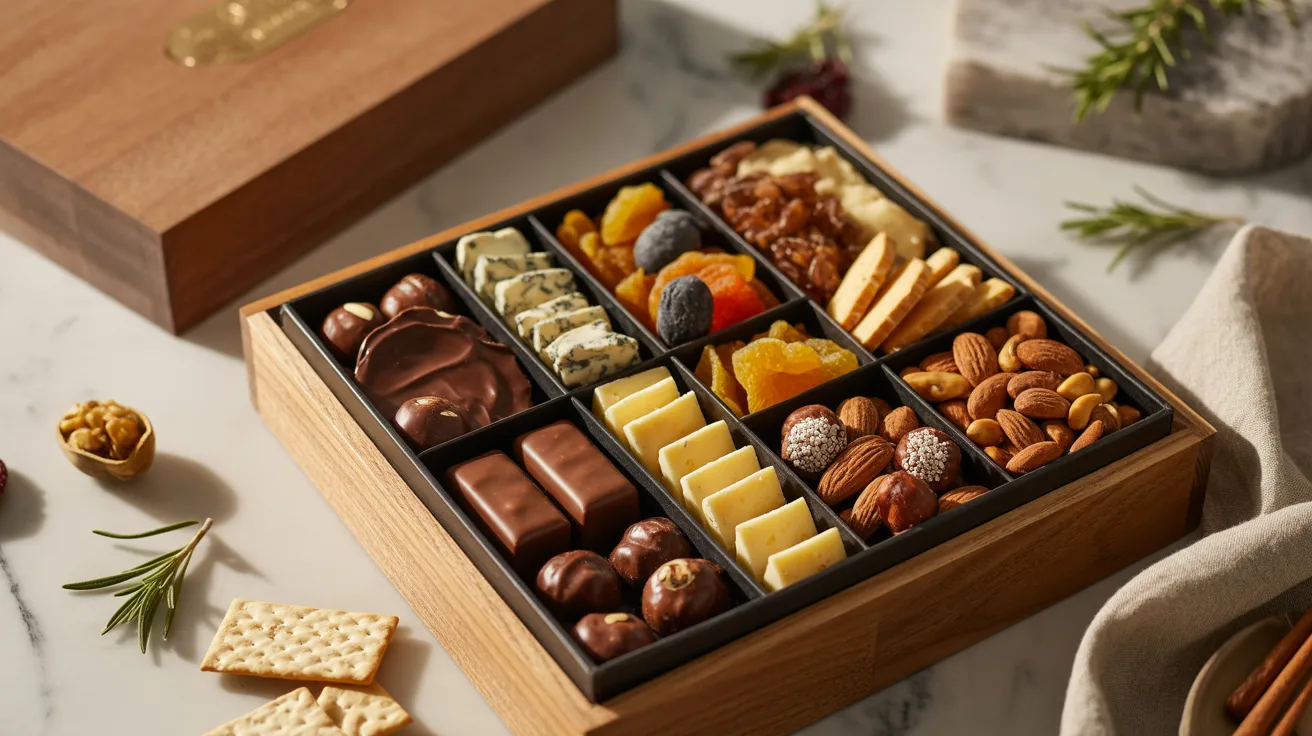 Open gourmet snack box filled with sweet and savory treats on a marble