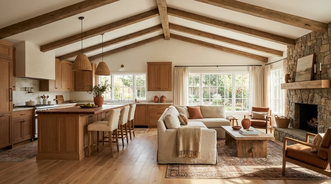 Open-plan kitchen with half vaulted ceiling flowing into living and dining area