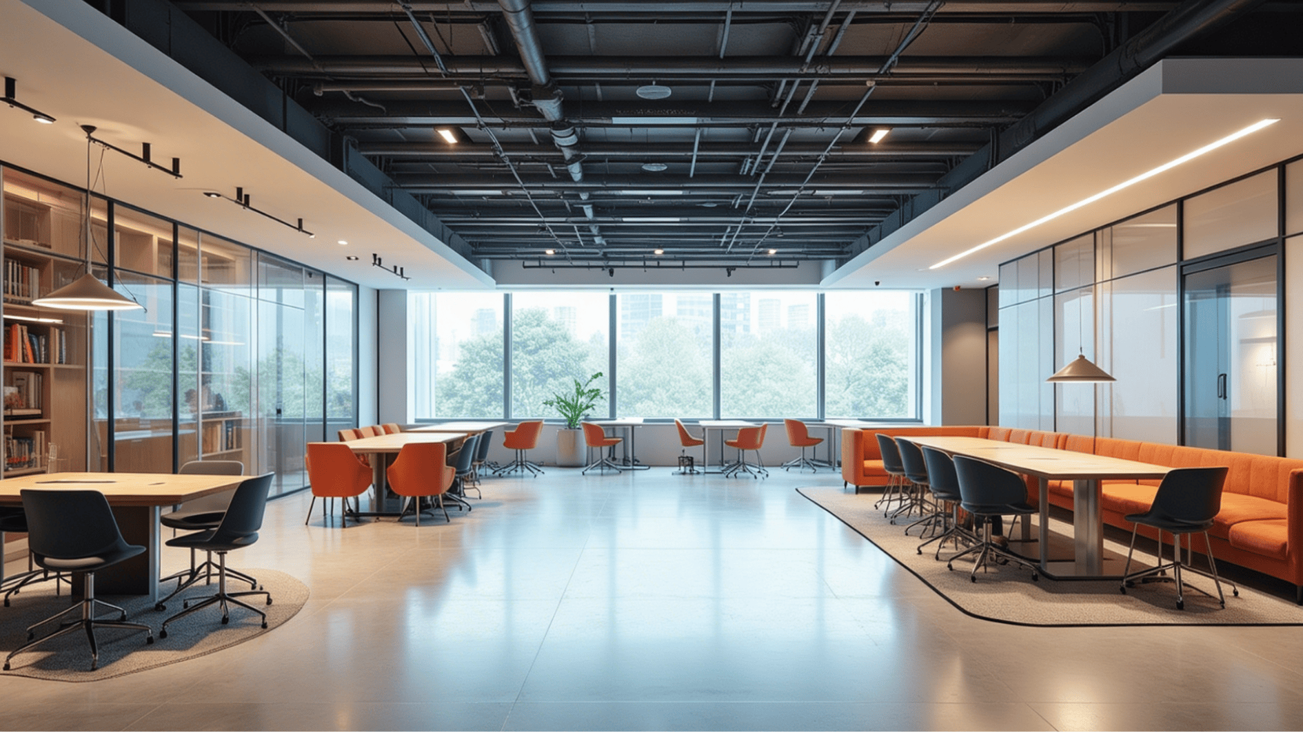 open-plan office collaboration space with meeting tables, orange seating, glass rooms, and large windows
