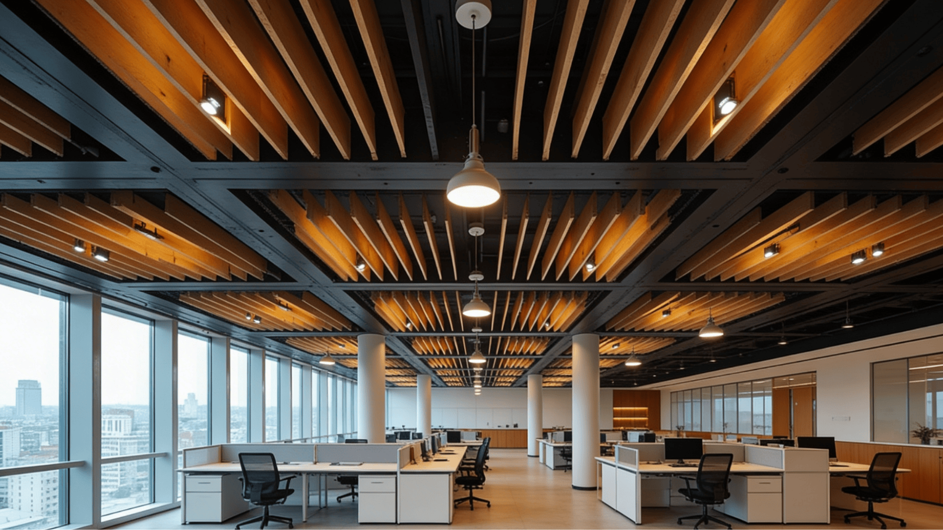 open-plan office with wooden slat ceiling, LED lighting, workstations, and large windows overlooking the city