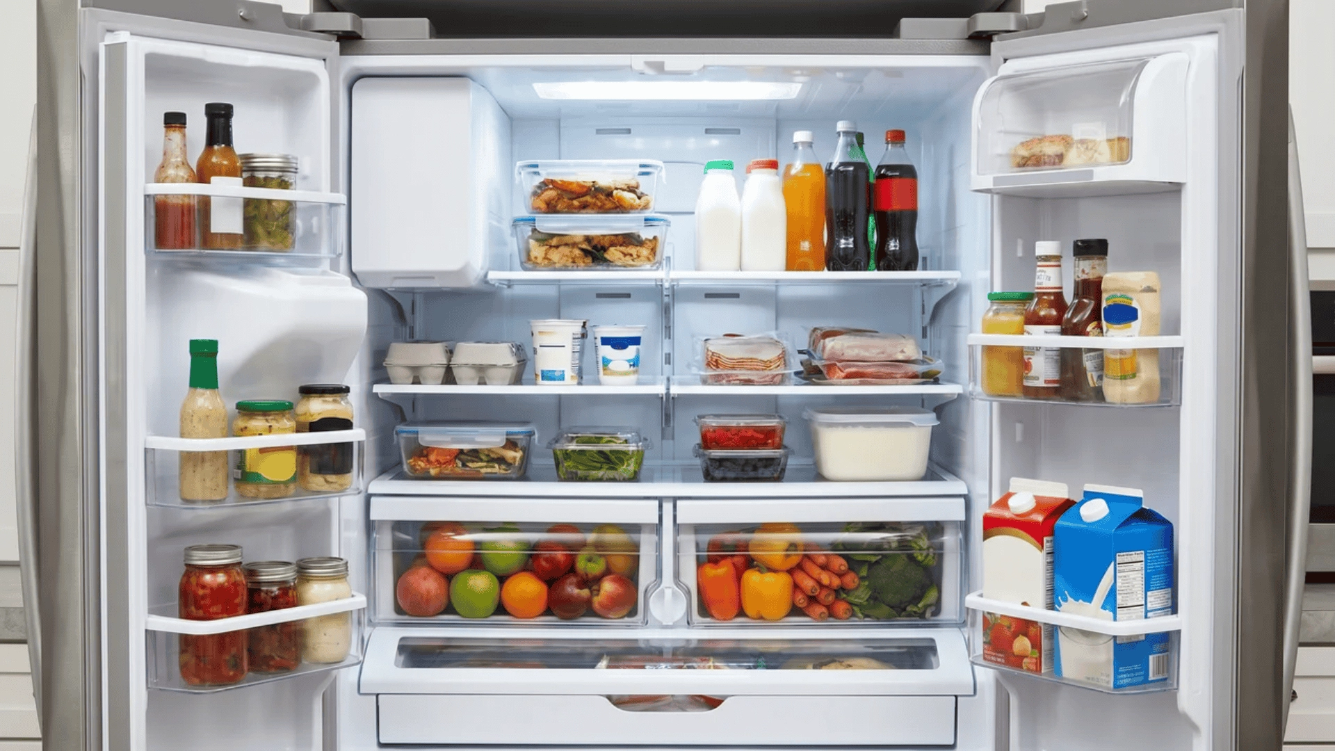 Open refrigerator showing food placed on top, middle, bottom, and door shelves