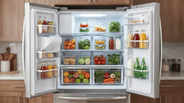 Open refrigerator with clear bins and separated sections for produce, dairy, and meat