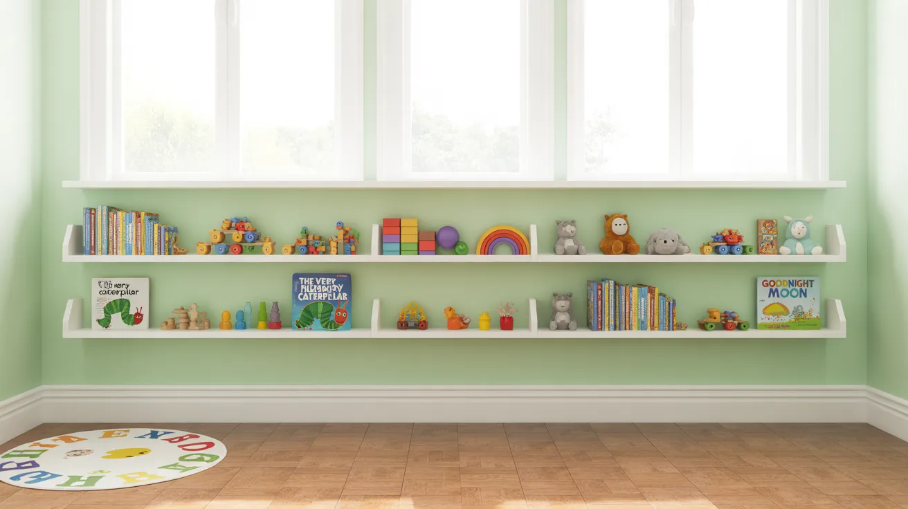 Open shelves in a kids' playroom with colorful toys, bins, and books.