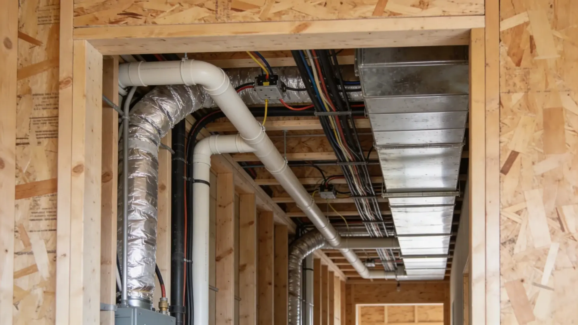 Open wall framing with visible pipes, wiring, and air ducts installed before wall closure