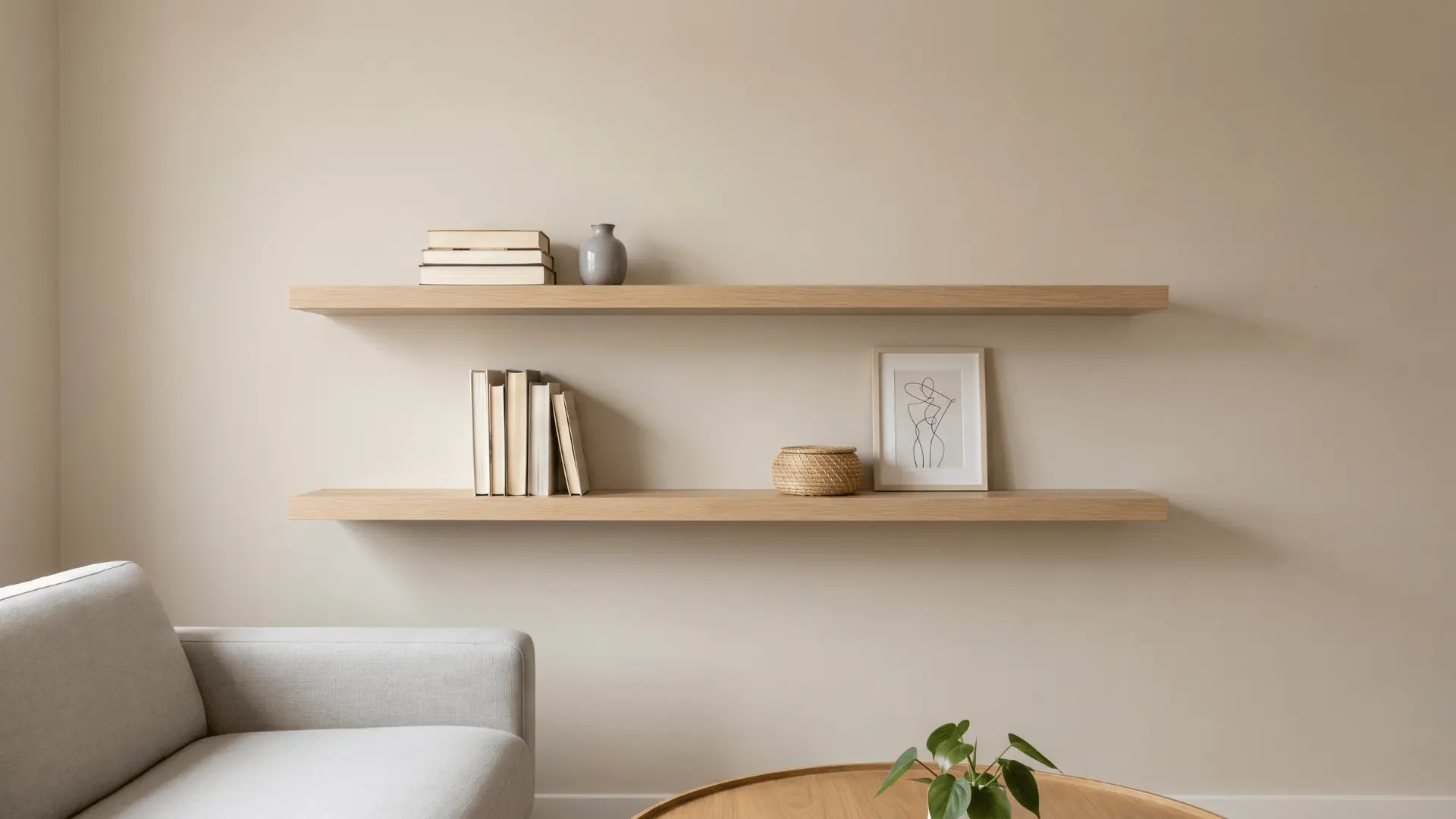 Open wall shelves with a few books and items arranged with space