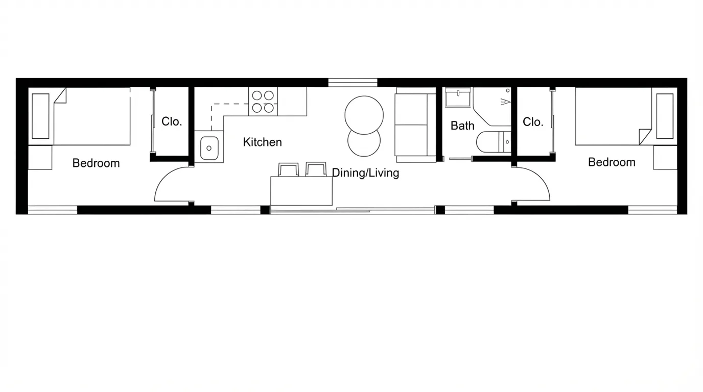 Opposite end bedroom floor plan in a tiny house with central living area