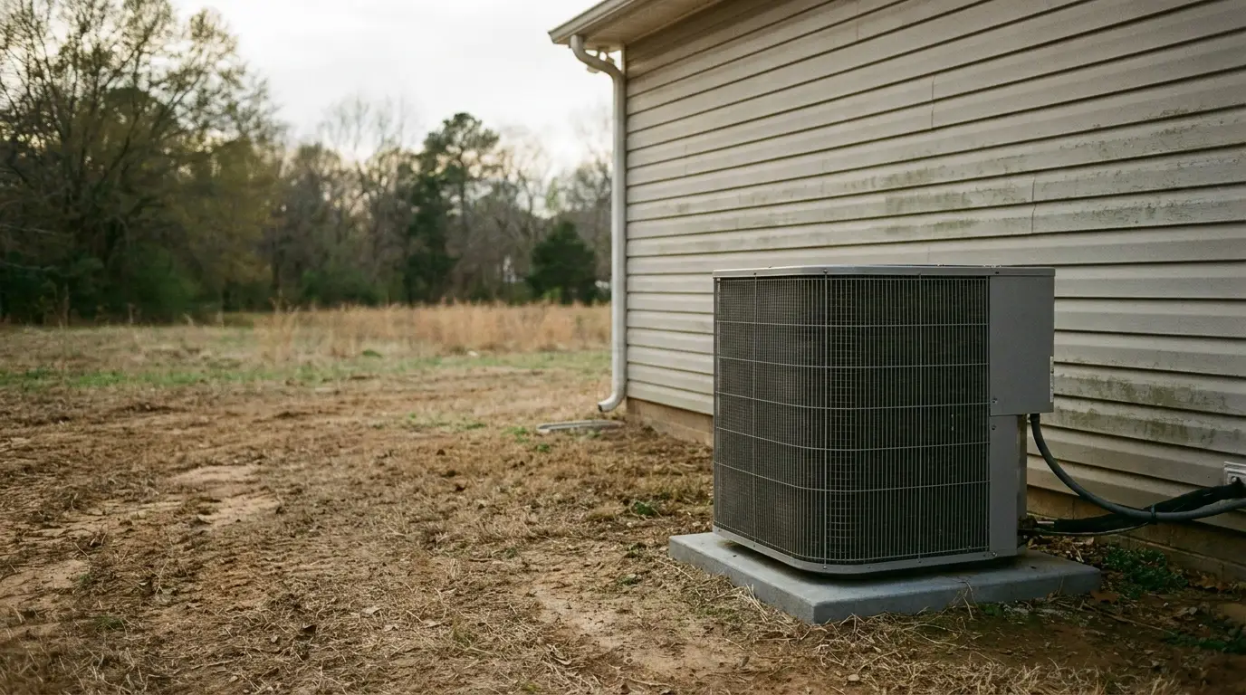 Outdoor air conditioning unit beside house in grassy yard with trees in background