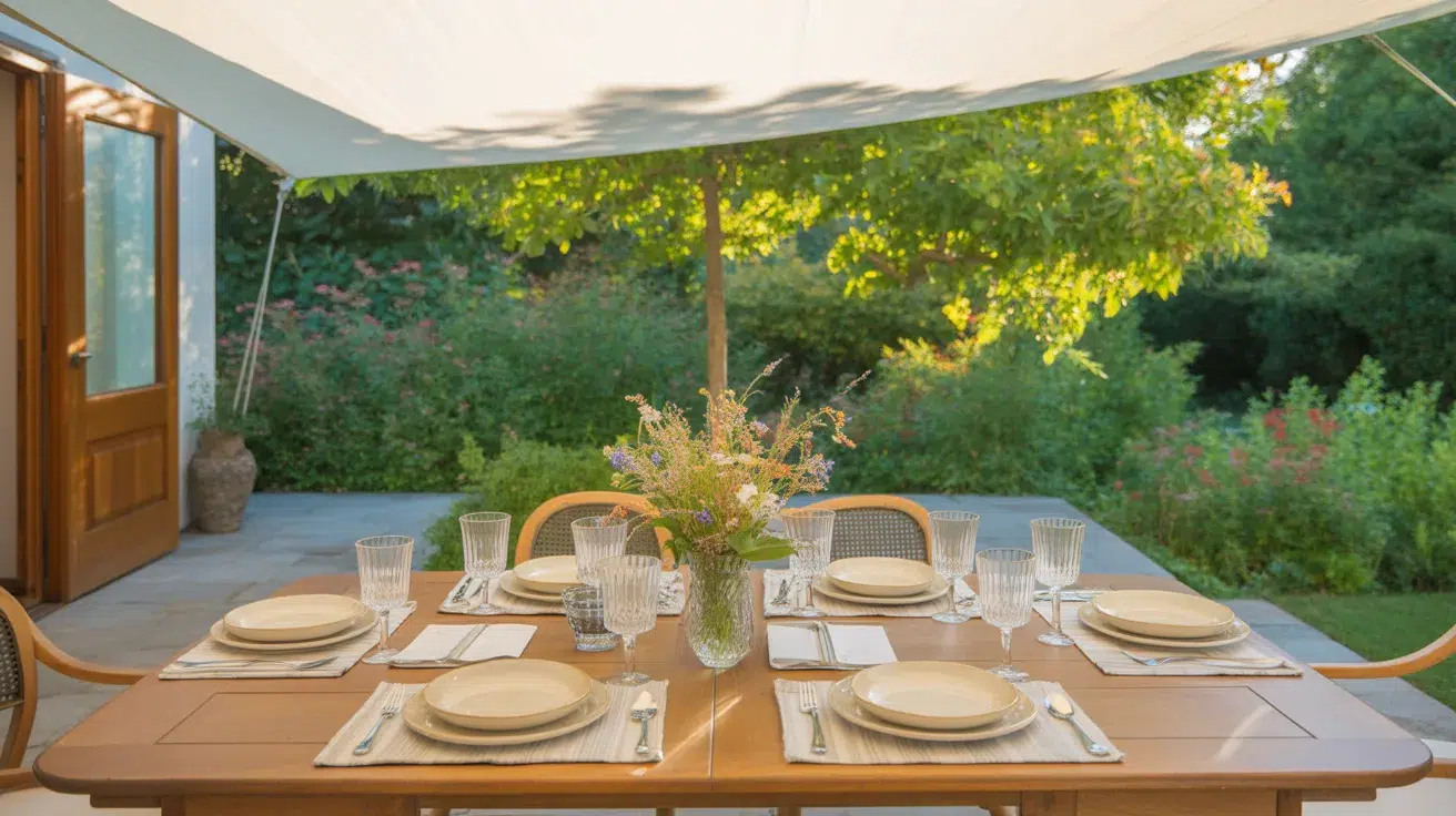 Outdoor dining table set near the house with shade coverage