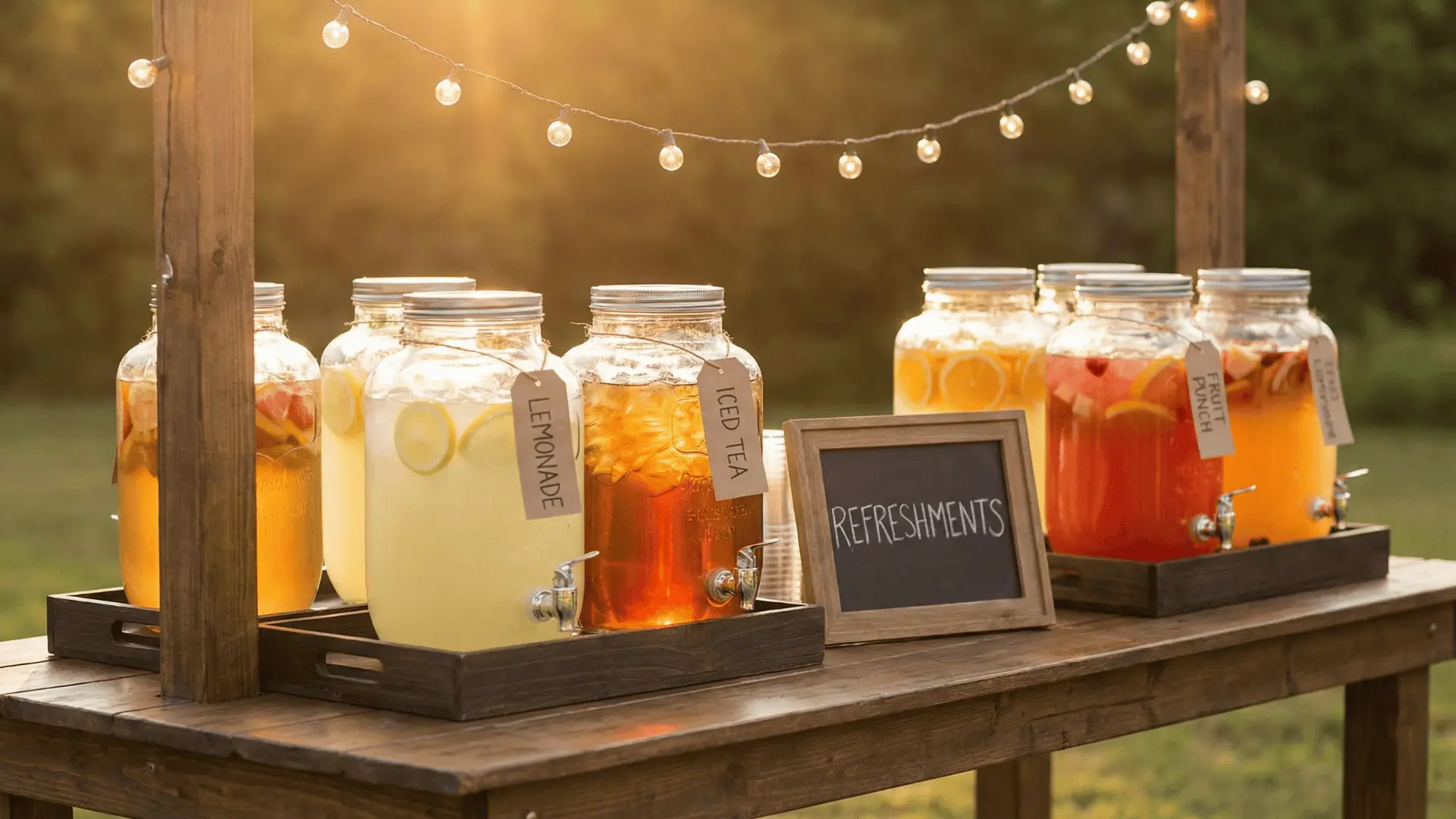 Outdoor drink station with glass jars, wooden trays, chalkboard sign, and fairy lights overhead.