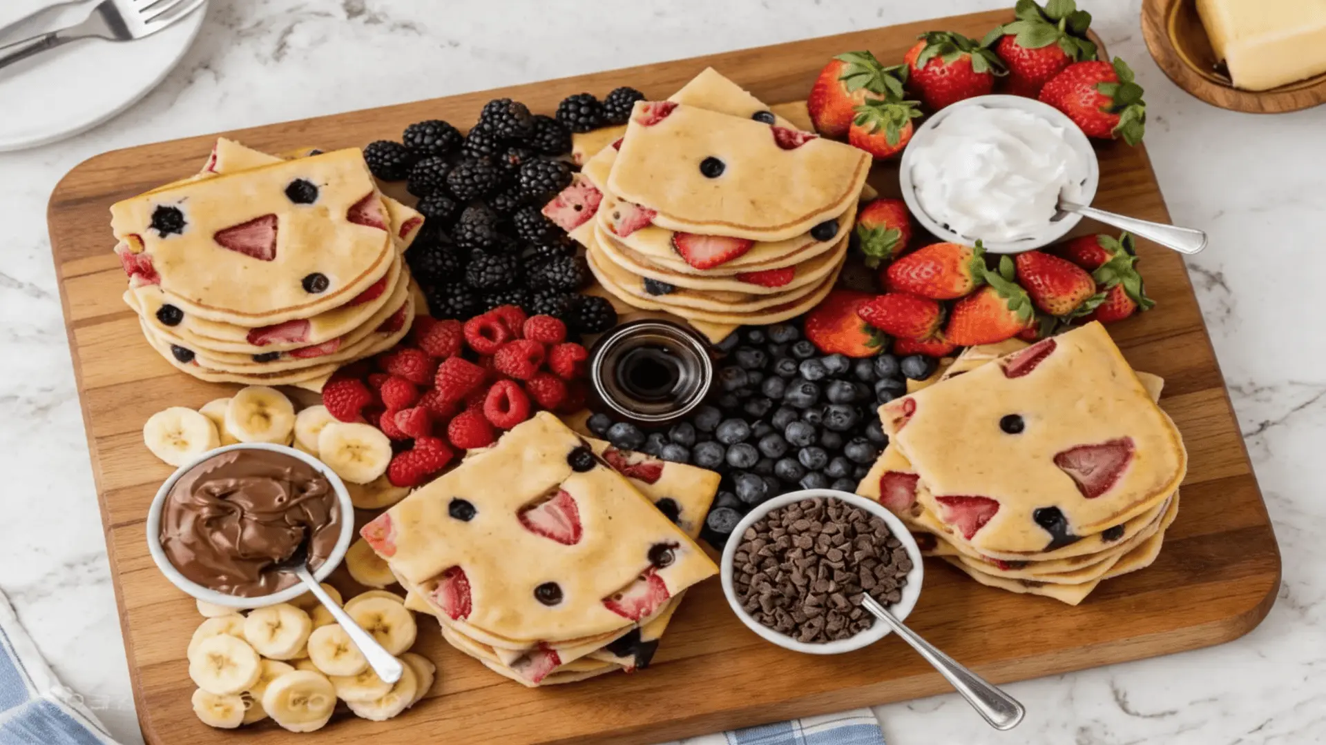 Pancake board with fresh berries, banana slices, and sweet dips on a wooden tray. (1)