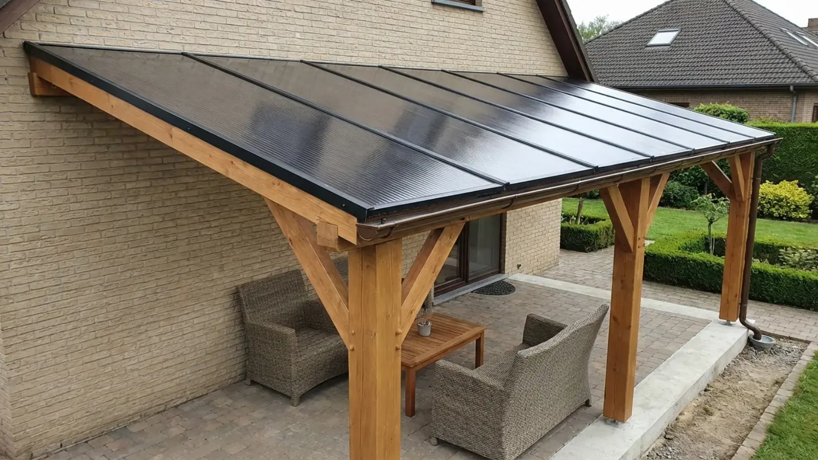 Patio with lean-to roof attached to house wall covering a seating area