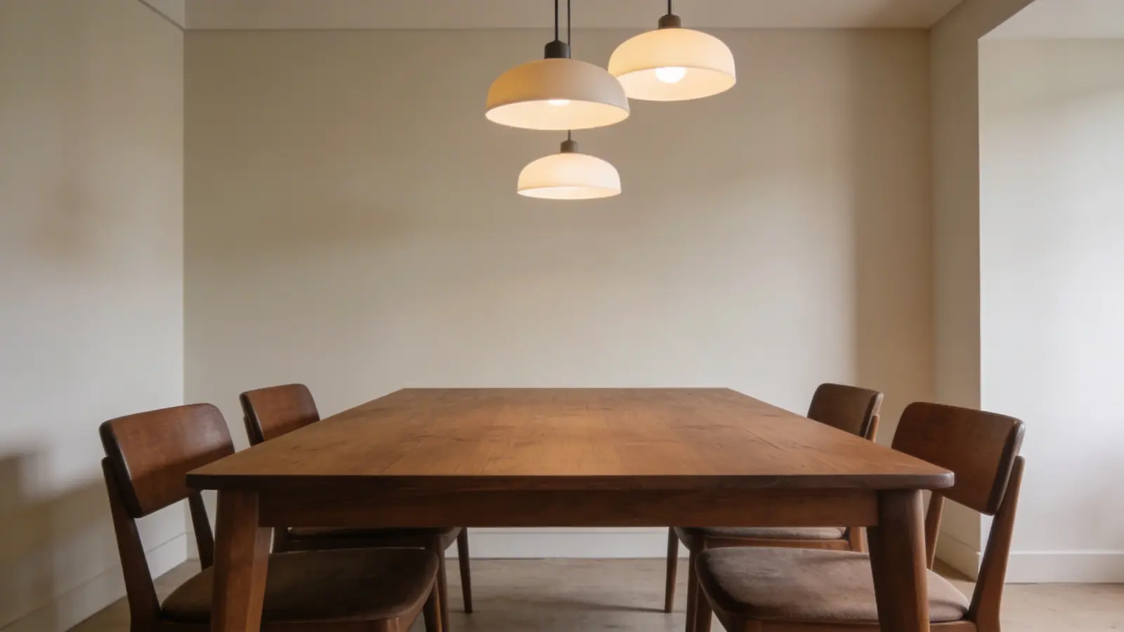 Pendant lights hanging above a rectangular dining table