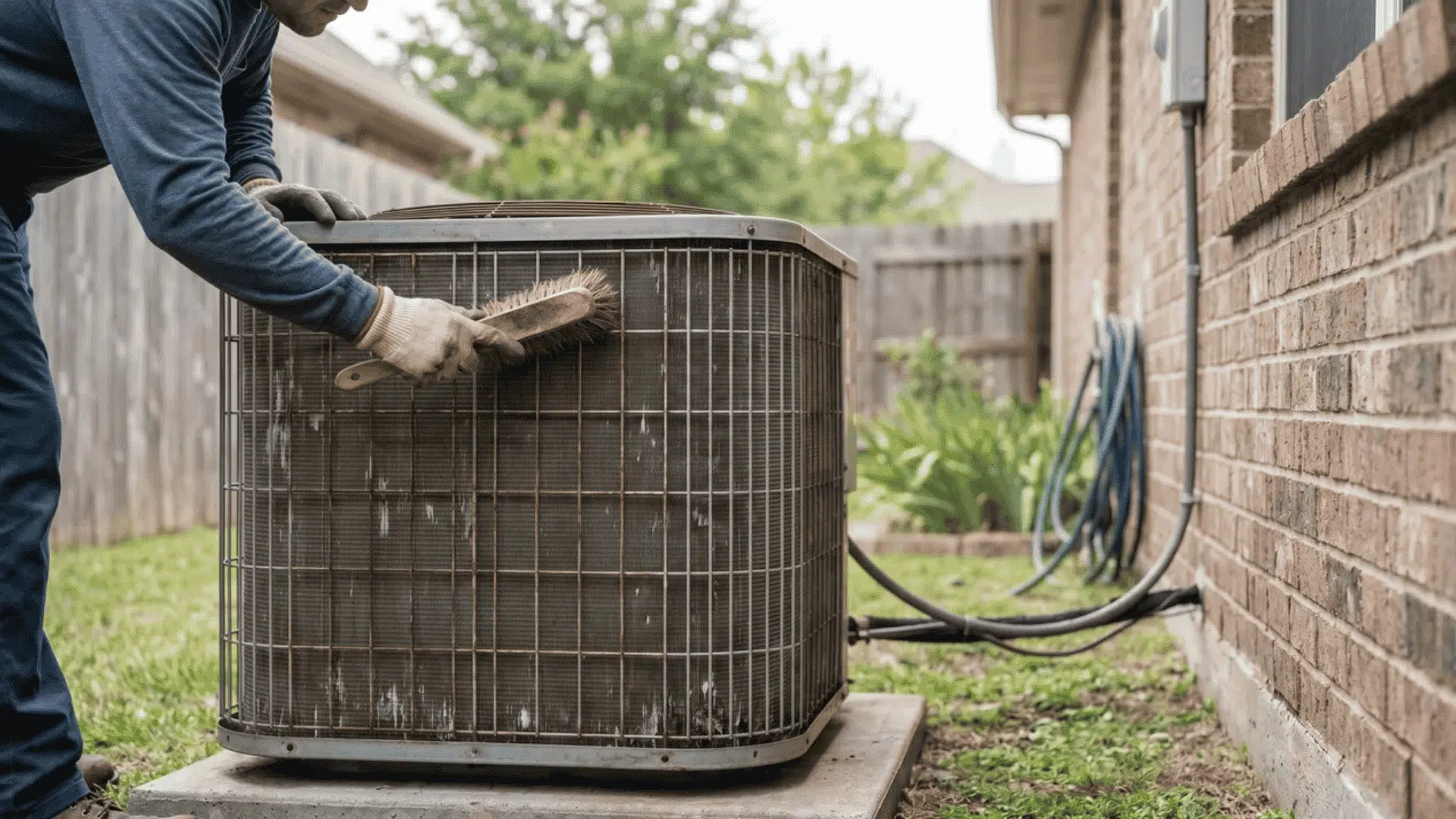 Person cleaning outdoor air conditioning unit with brush