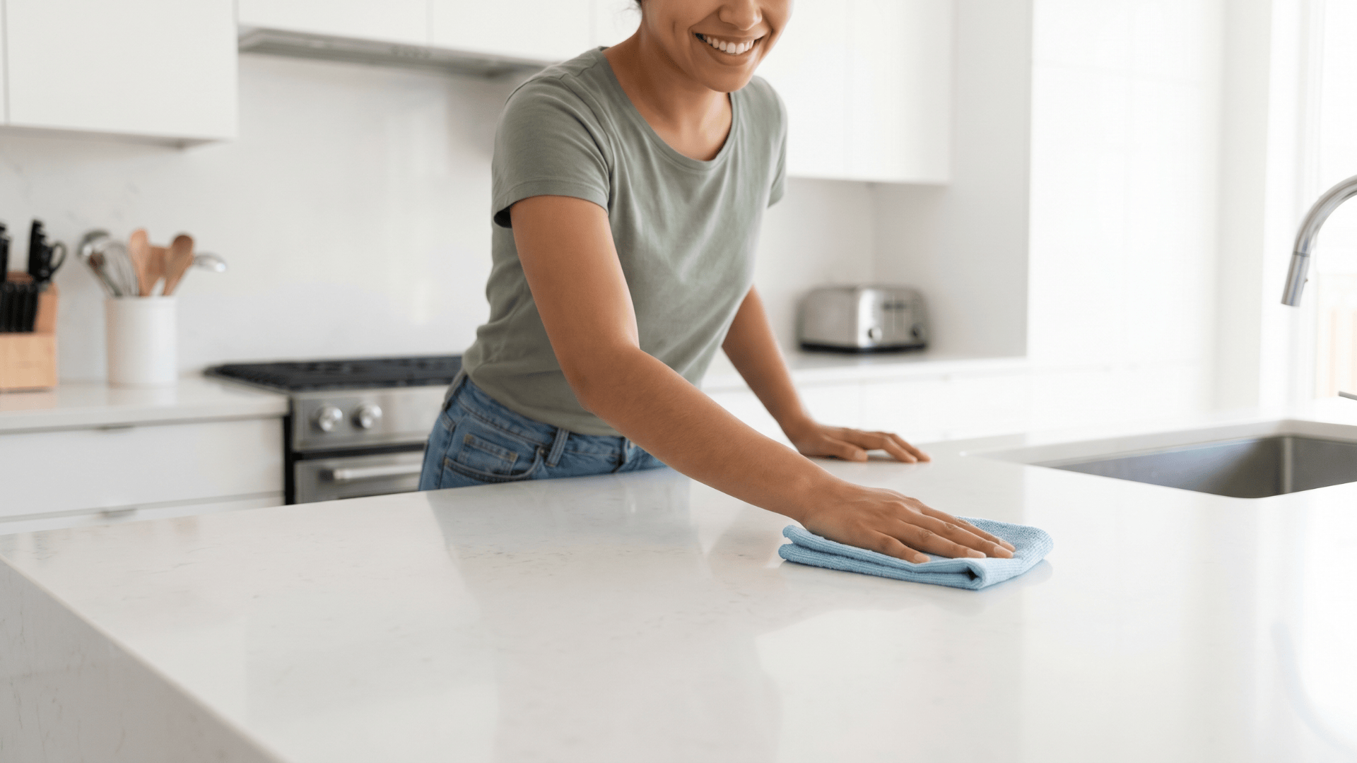 Person easily cleaning a kitchen countertop surface with a cloth, showing low maintenance and quick wipe cleanup