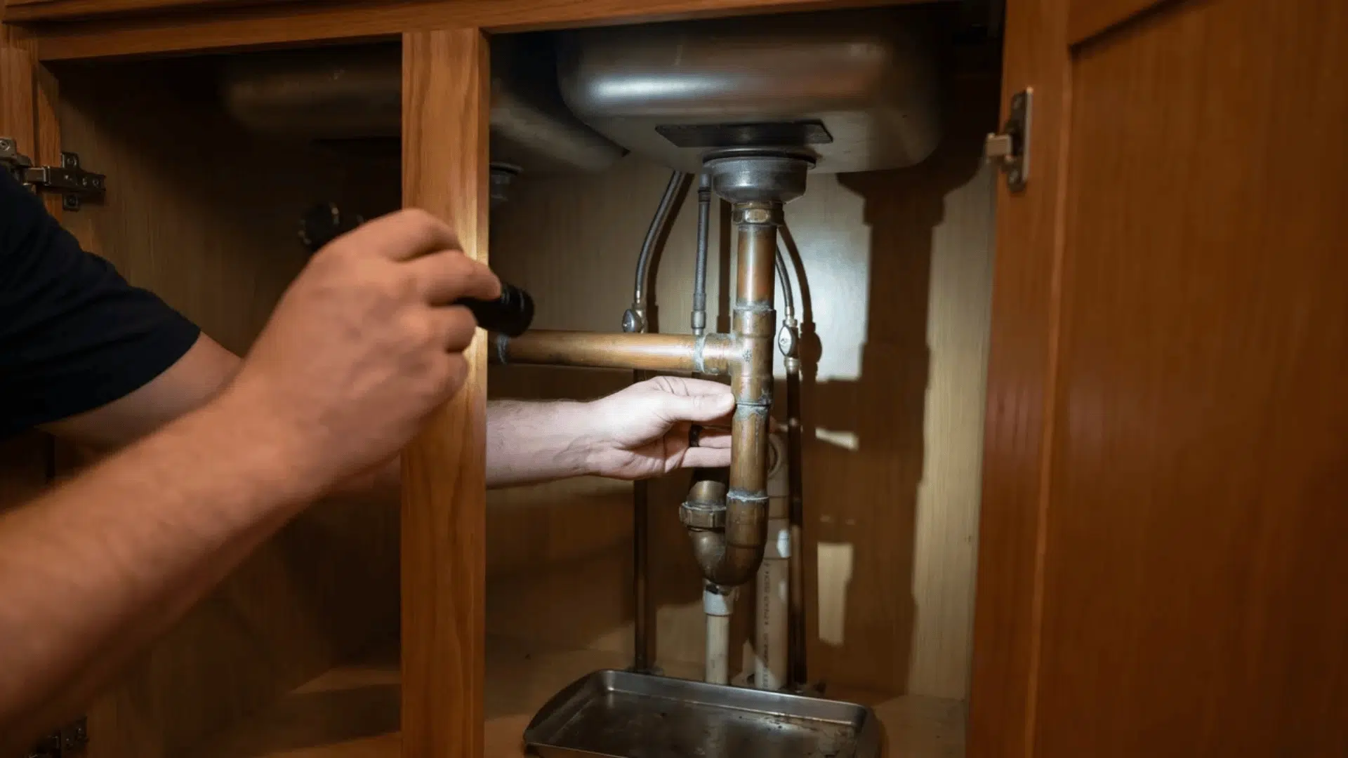 Person inspecting pipes under sink for leaks
