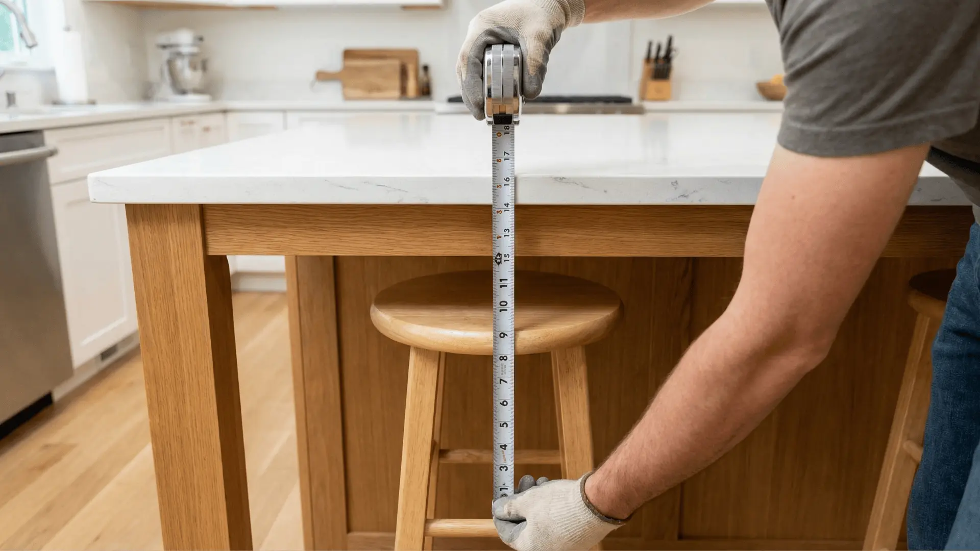 Person measuring from floor to underside of counter with stool placed below showing gap between seat and counter