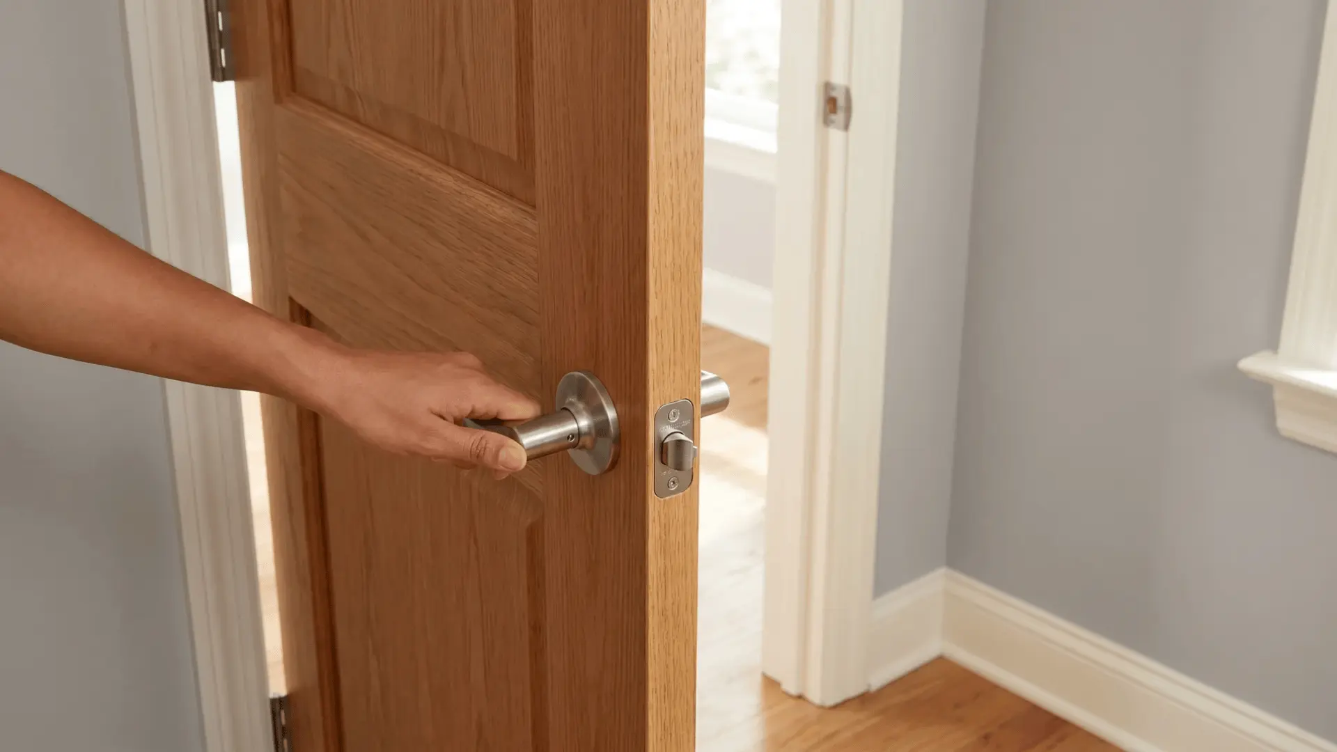 Person opening a properly aligned interior door showing smooth movement and correct latch alignment