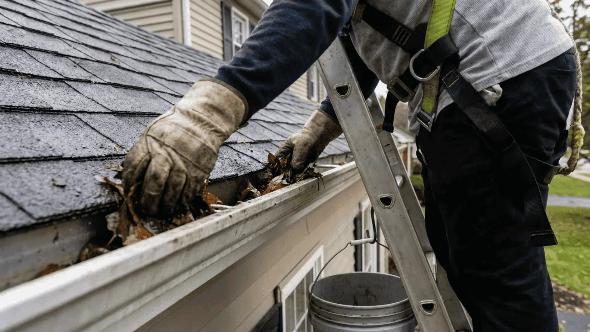Person removing debris from gutter using hands while on ladder