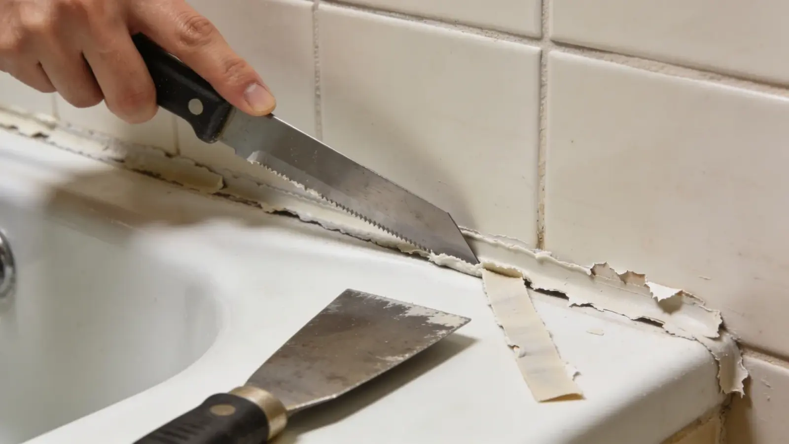 Person removing old peeling caulk from bathtub and tile joint using a serrated knife and putty knife before recaulking