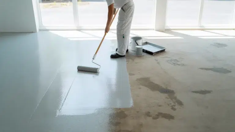 Person rolling grey paint on a concrete floor showing can you paint concrete process