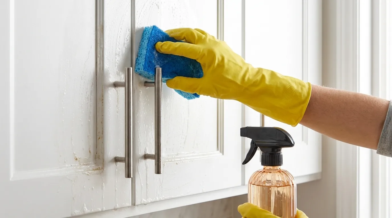 Person scrubbing kitchen cabinet doors and hardware with a scrubber and degreaser to remove grease buildup