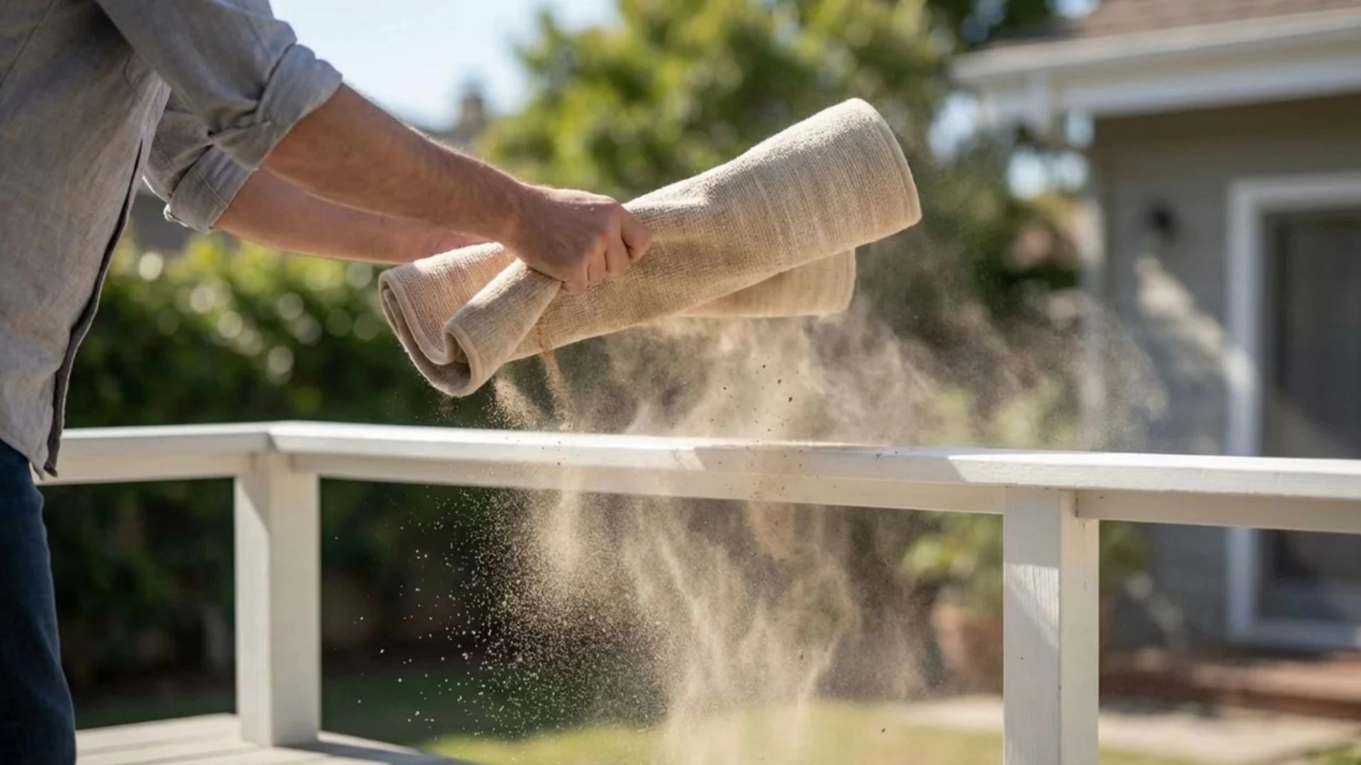 Person shaking small rug over railing outdoors