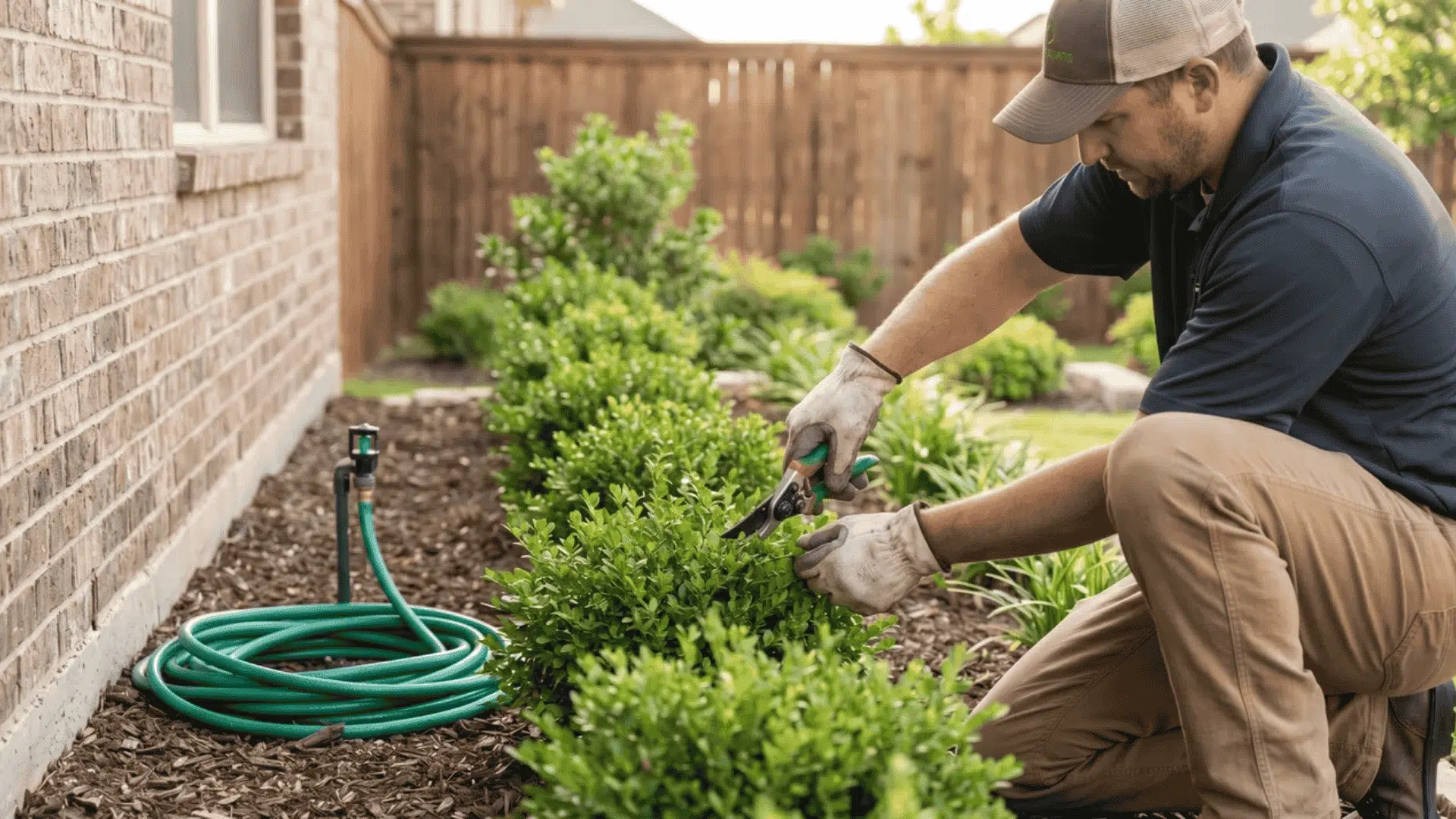 Person trimming bushes close to house wall