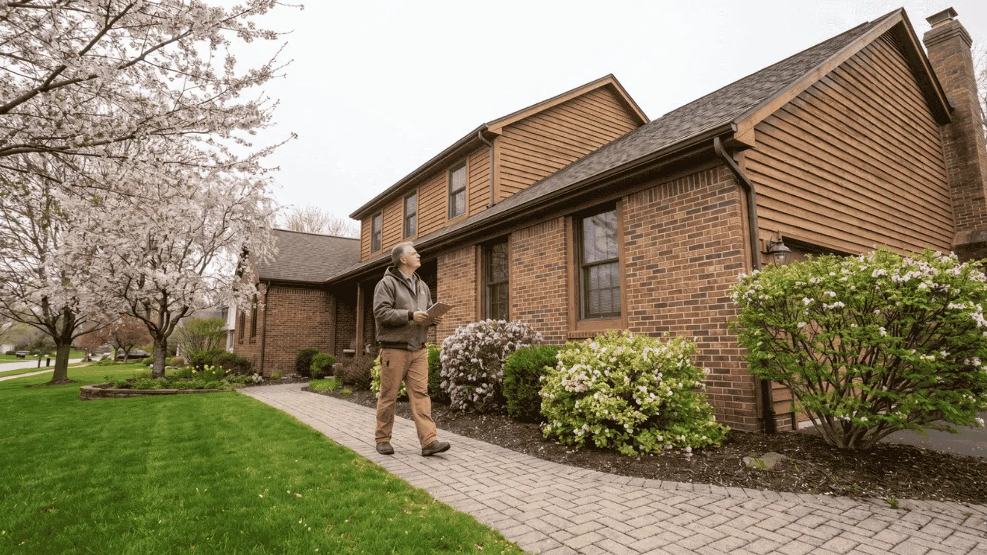 Person walking around house exterior inspecting siding and roof