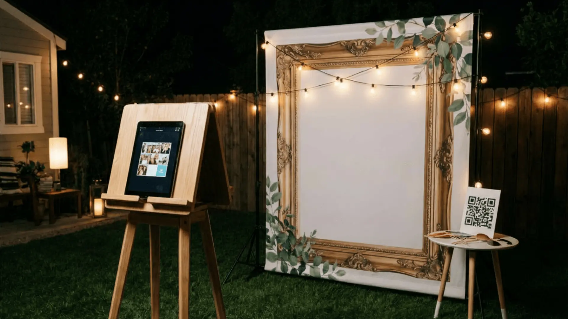 Photo booth setup with tablet stand, printed frame backdrop, and QR code card on side table.