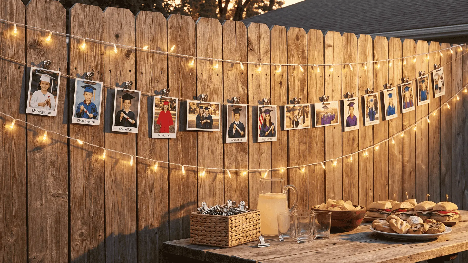 Photo display wall with fairy lights, wire clips holding printed photo timeline, and basket of spare clips.