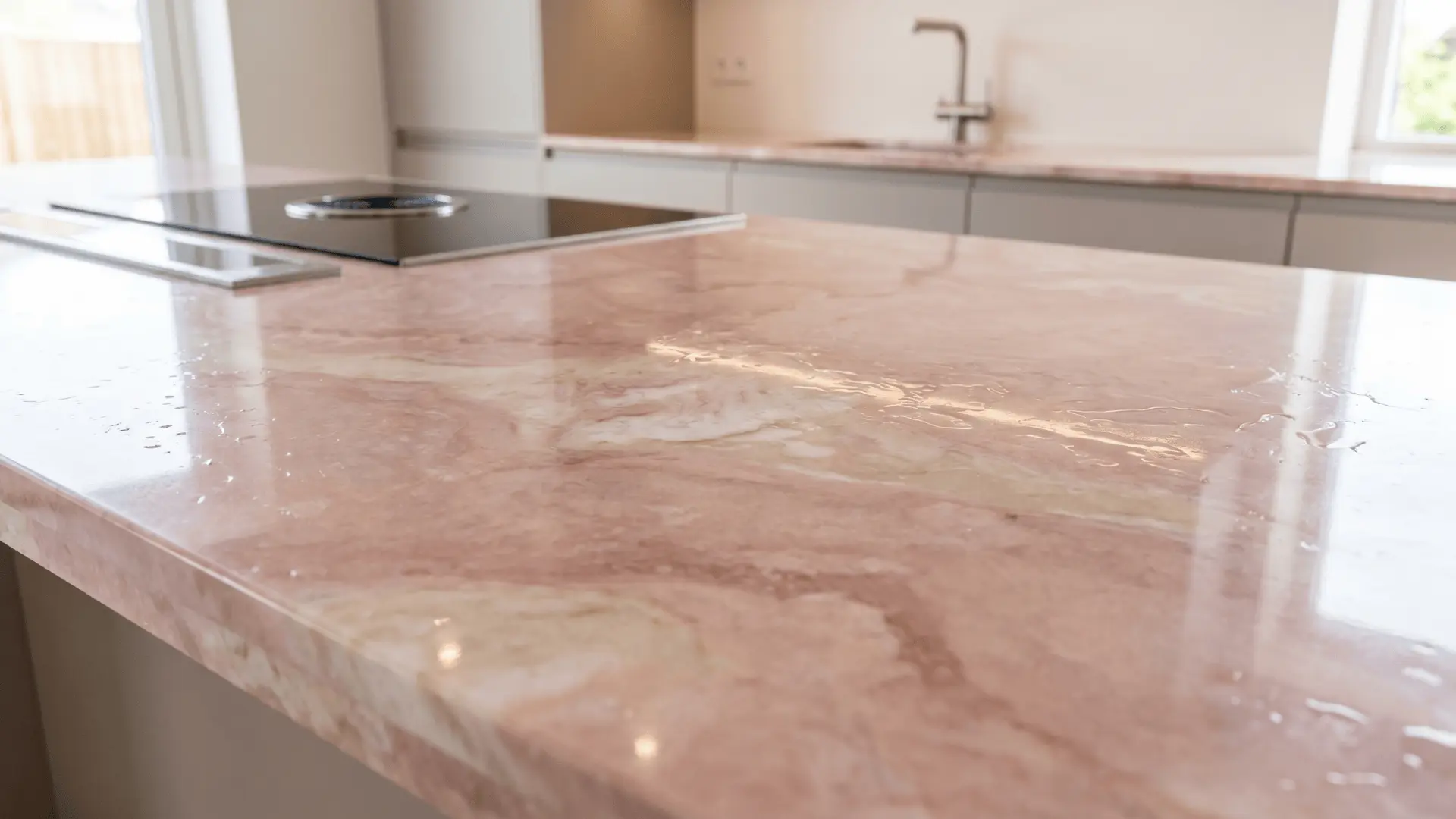 Pink quartz countertop in a modern kitchen with a smooth, glossy surface.