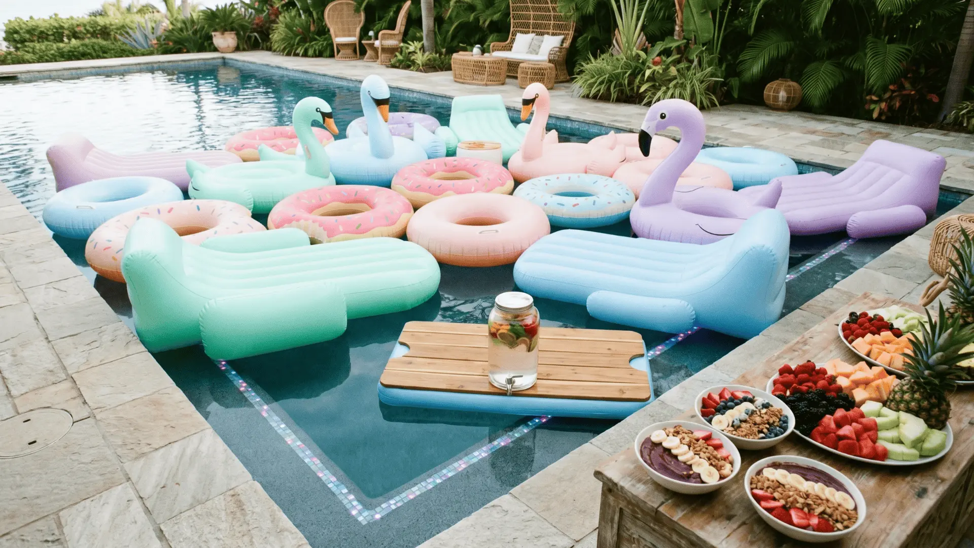 Poolside party setup with pastel floats, underwater LED lighting, floating drink dispenser, and poolside snack bar. (1)