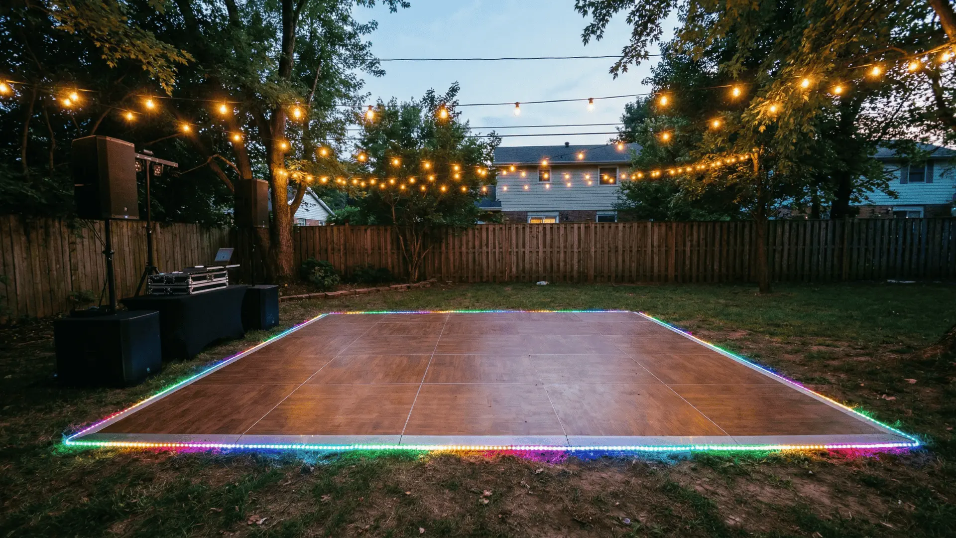Portable backyard dance floor framed with LED strip lighting and string lights, with speaker setup alongside.
