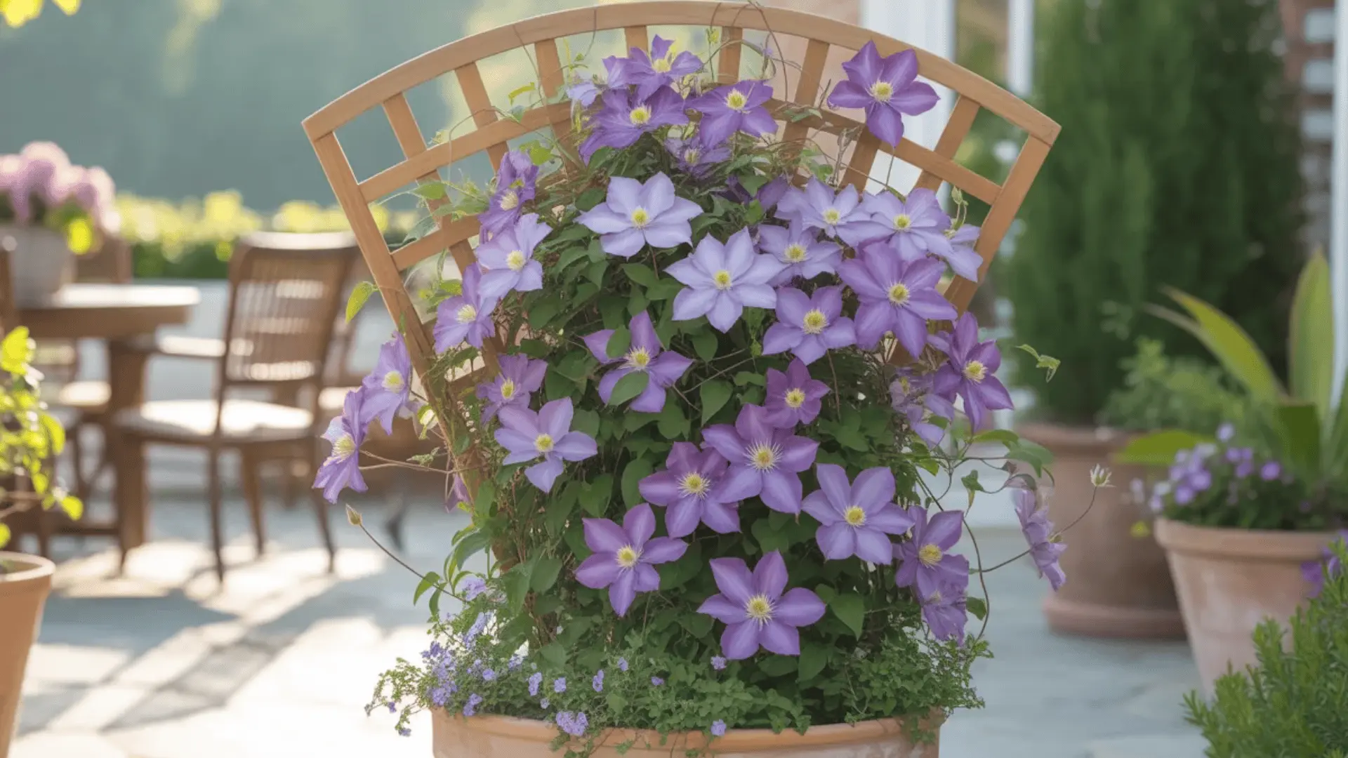Potted clematis supported by a small trellis on a patio