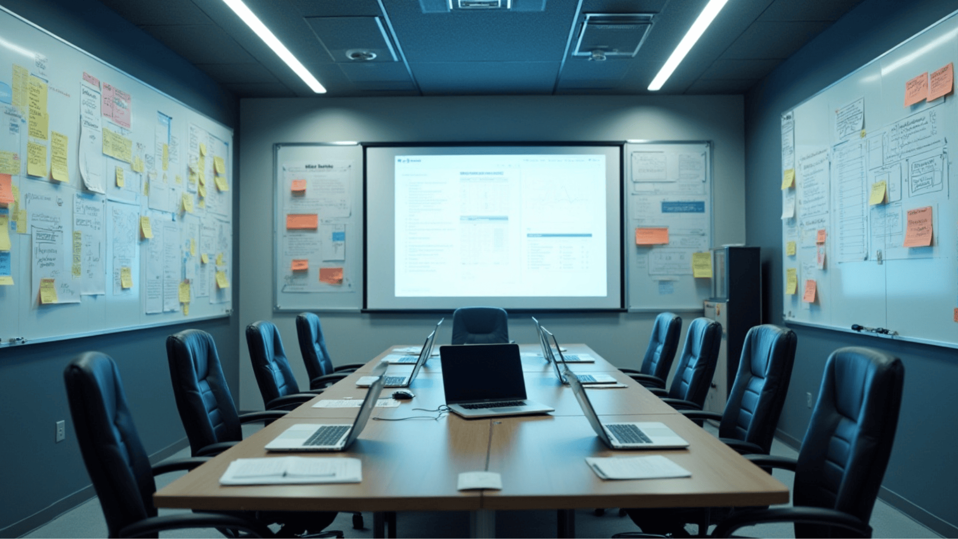 project meeting room with laptops, presentation screen, whiteboards, and sticky notes for brainstorming sessions