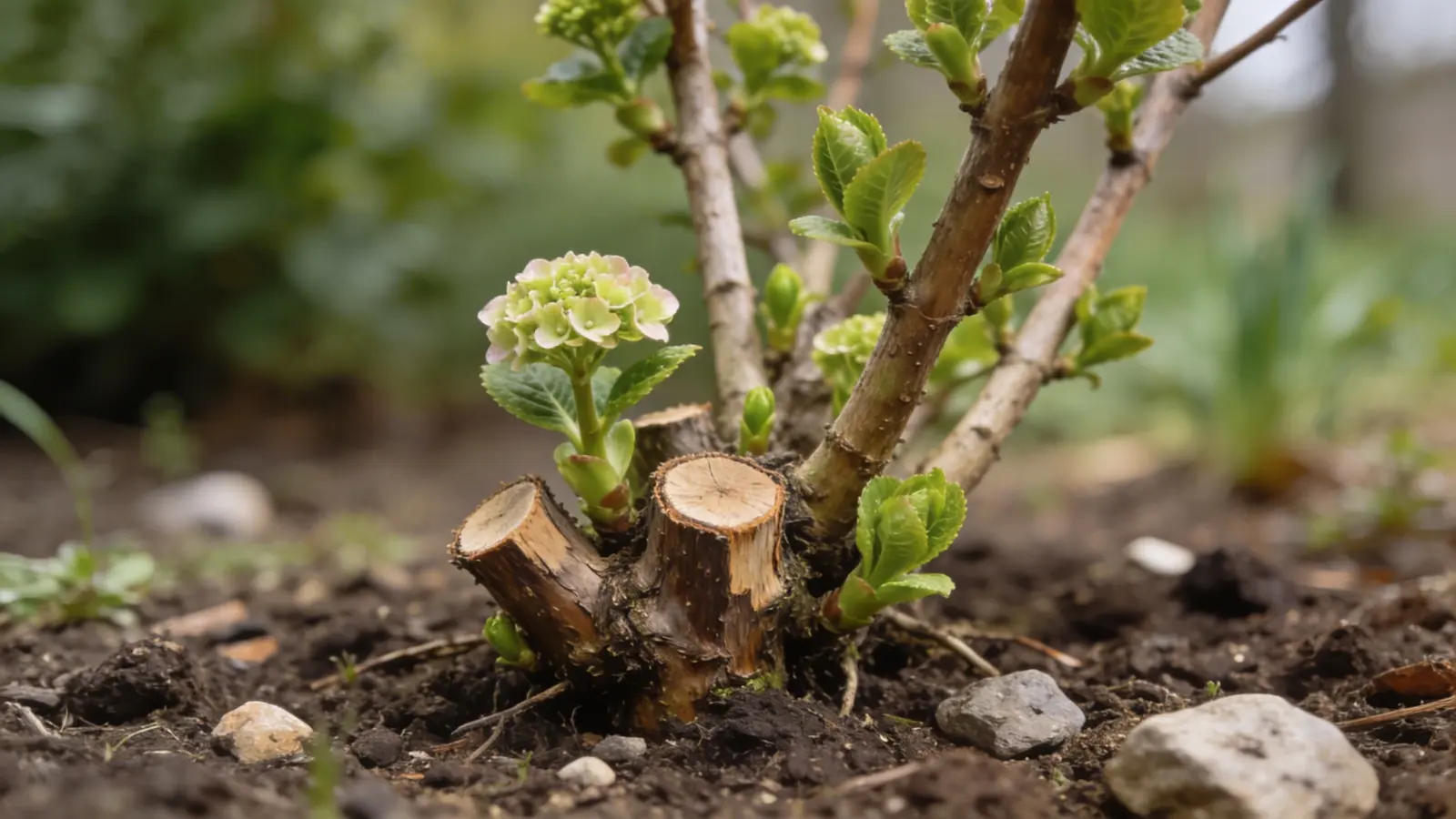 Pruned hydrangea with new green shoots growing from freshly cut stems