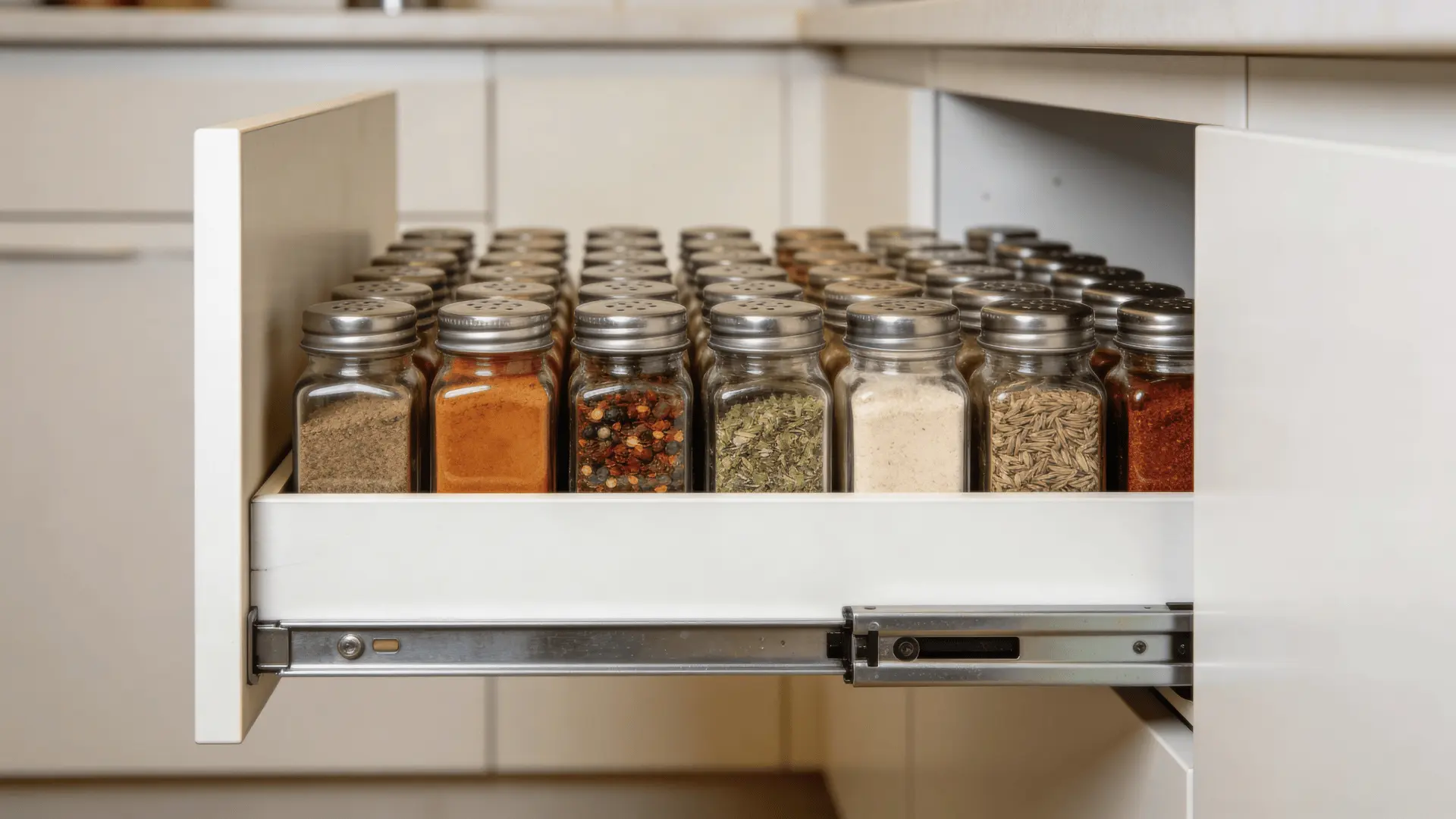 Pull-out cabinet spice rack with jars arranged in narrow shelves inside a kitchen cabinet