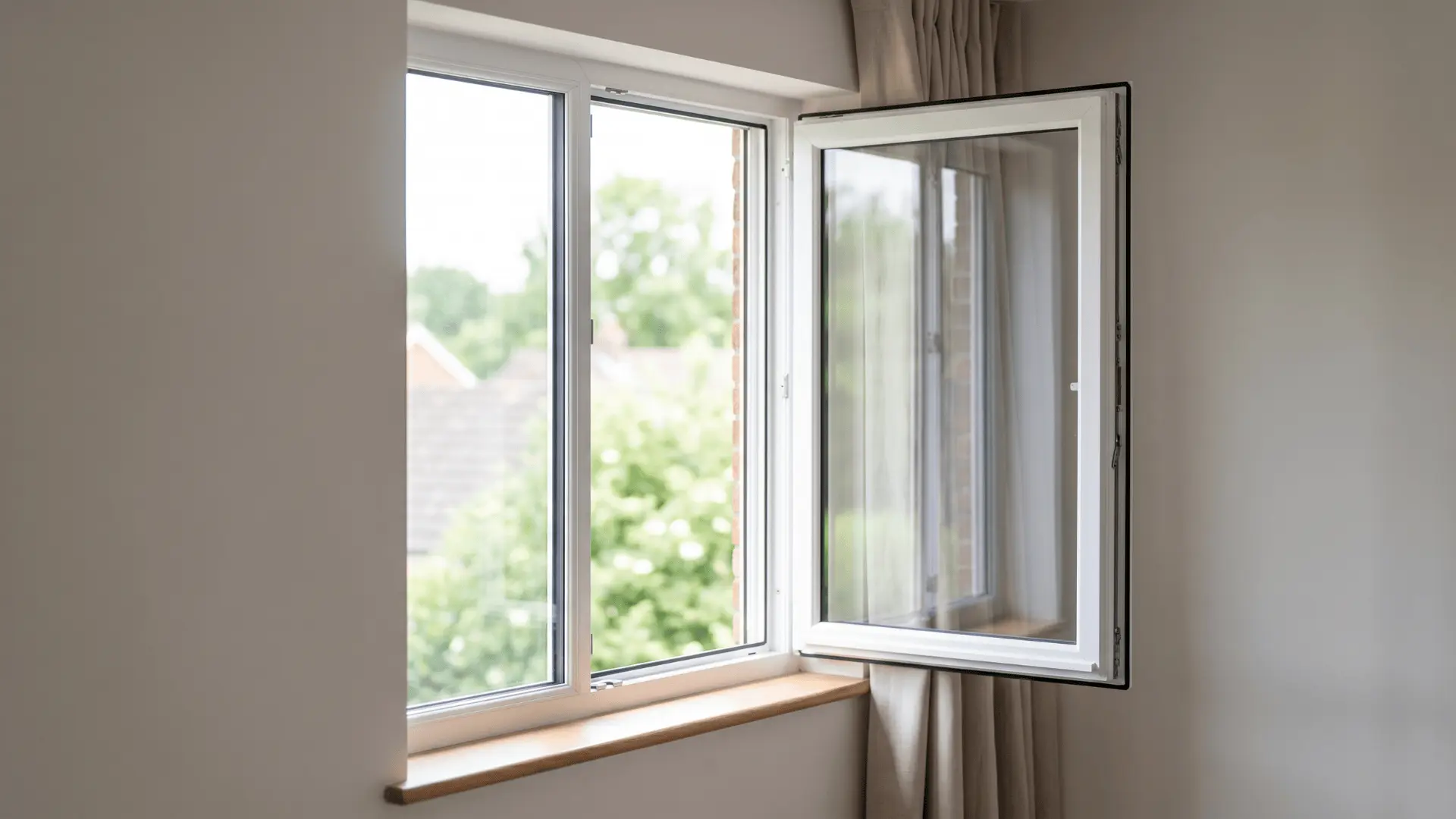 PVC casement window open outward allowing air and light inside